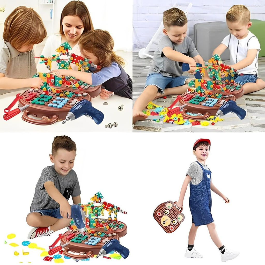 Drill Construction Toy Set with Electric Screwdriver and Mosaic Puzzle