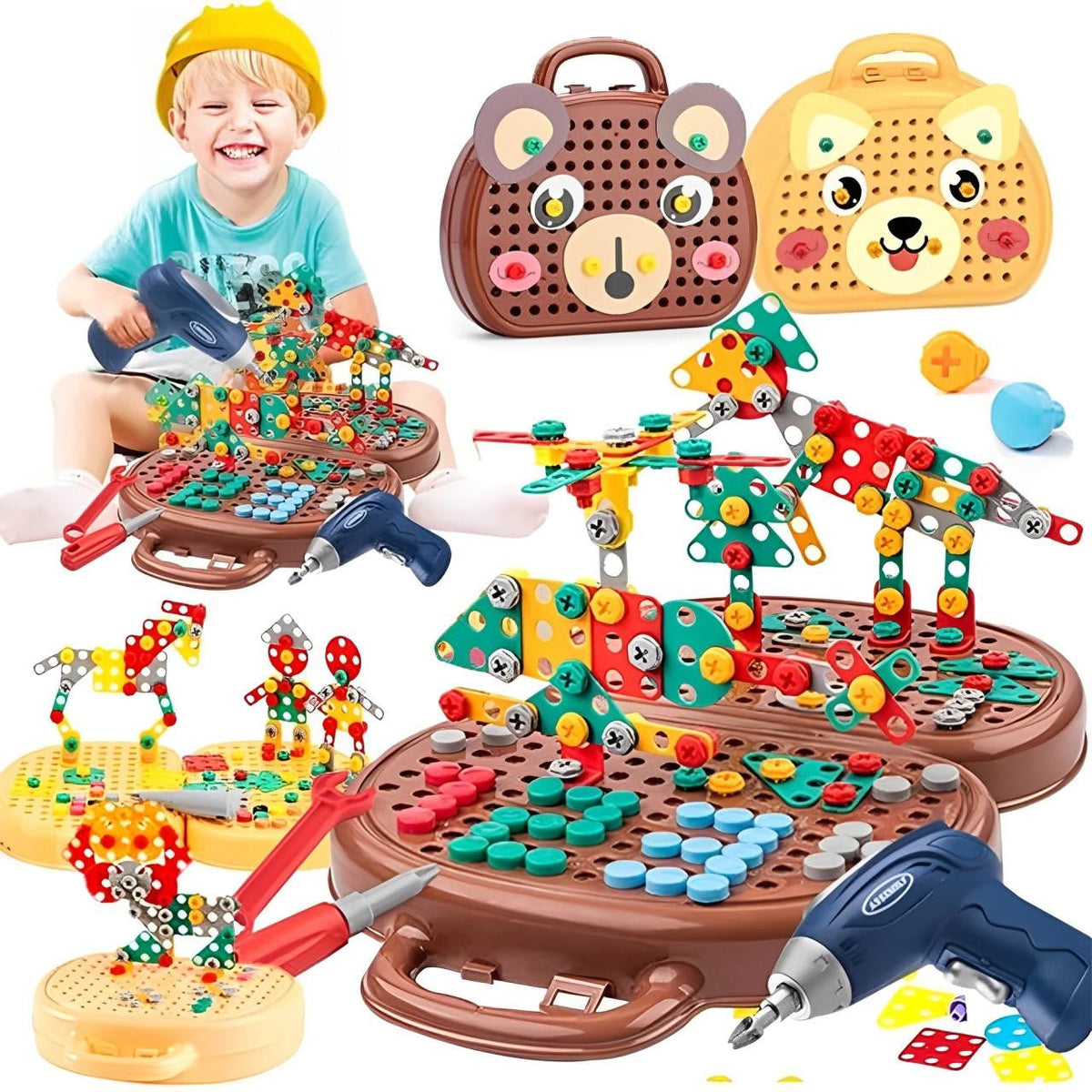 Drill Construction Toy Set with Electric Screwdriver and Mosaic Puzzle