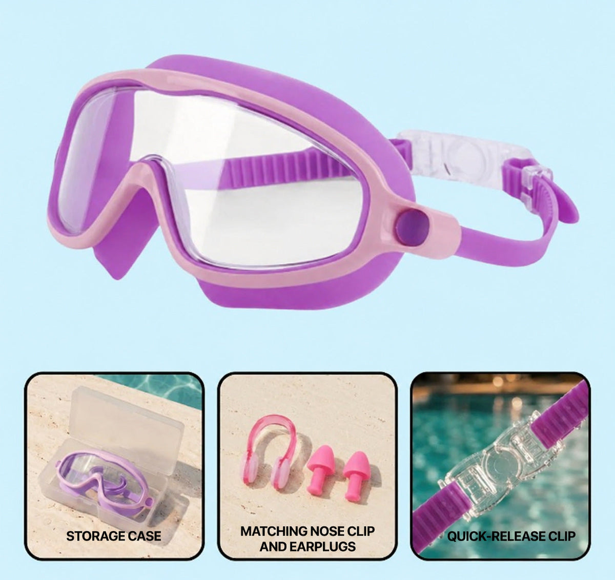 Kids Swim Goggles with Wide-Angle Vision and Anti-Fog Coating