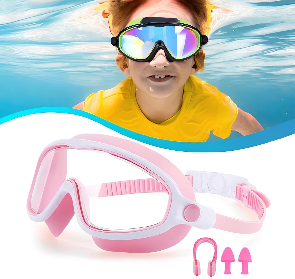Kids Swim Goggles with Clip-On Nose Bridge and Anti-Fog