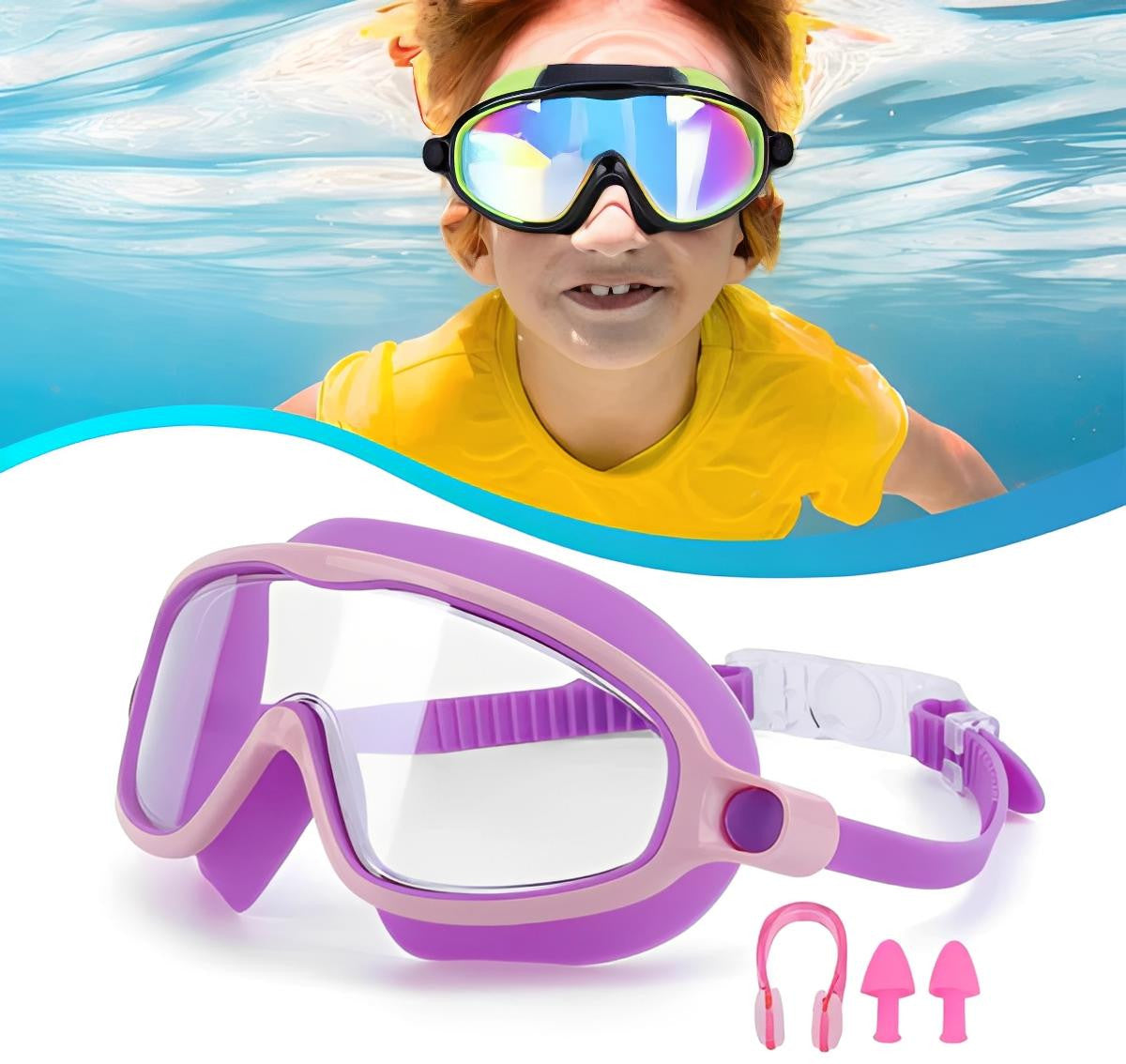 Kids Swim Goggles with Clip-On Nose Bridge and Anti-Fog