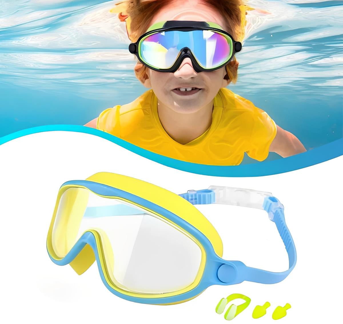 Kids Swim Goggles with Clip-On Nose Bridge and Anti-Fog