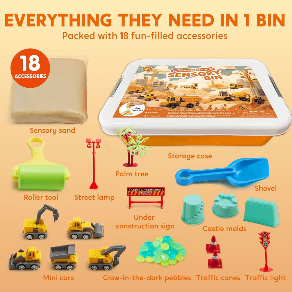 Kinetic Sand Sensory Bin, 18-Piece Set With Glow Stones