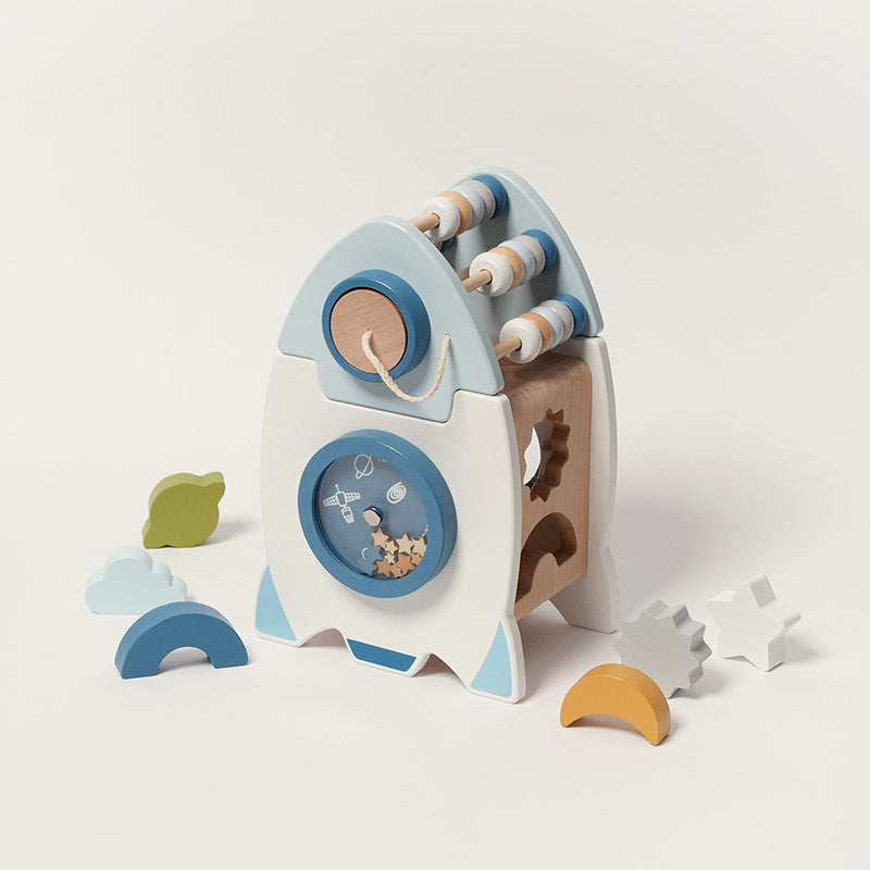 Wooden Rocket Toy with Shape Sorter and Counting Beads