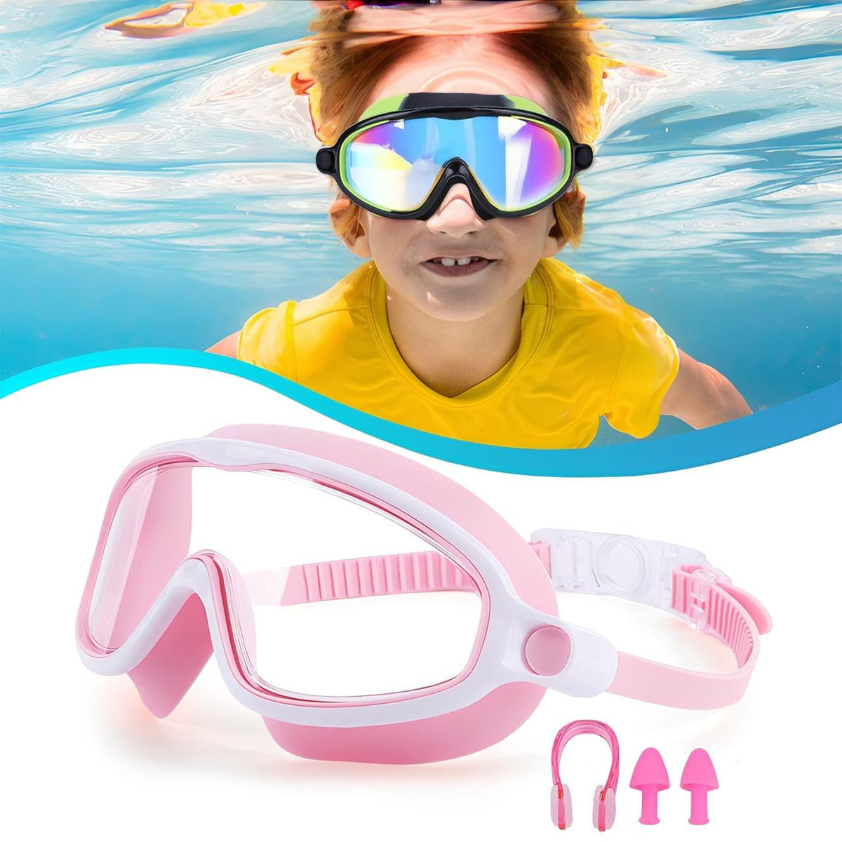 Swim Goggles Kids with Nose Clip and Ear Plugs Set