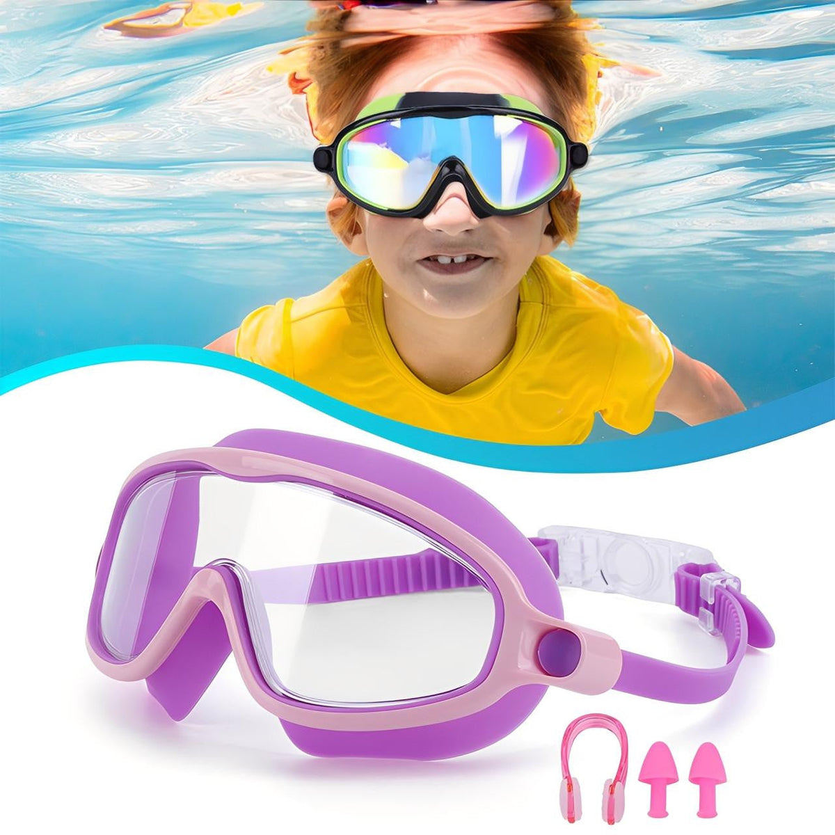 Swim Goggles Kids with Nose Clip and Ear Plugs Set