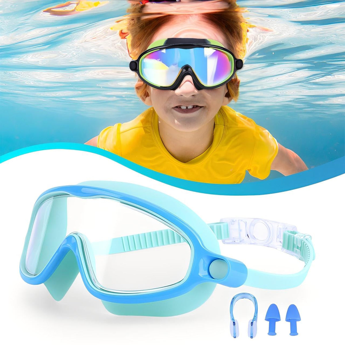 Swim Goggles Kids with Nose Clip and Ear Plugs Set