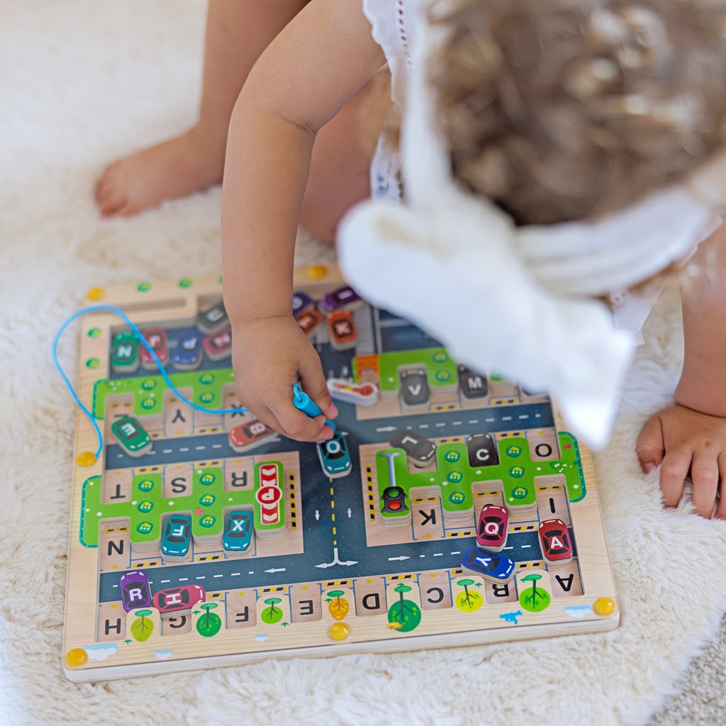 Magnetic Alphabet Maze with Parking Lot Theme