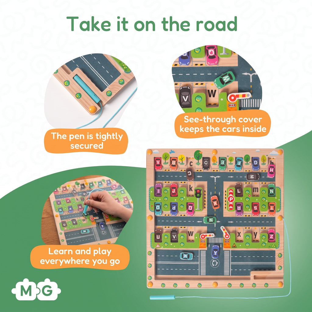 Magnetic Alphabet Maze with Parking Lot Theme