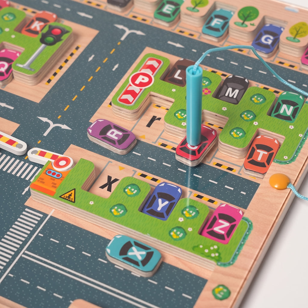 Magnetic Alphabet Maze with Parking Lot Theme