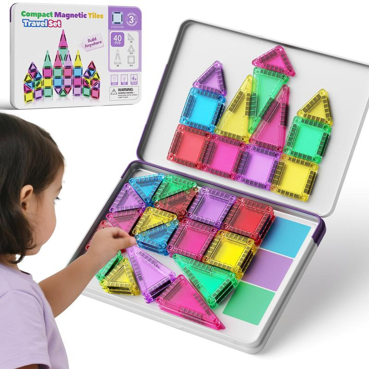 Mini Magnetic Tiles, 40-Piece Travel Set for Kids