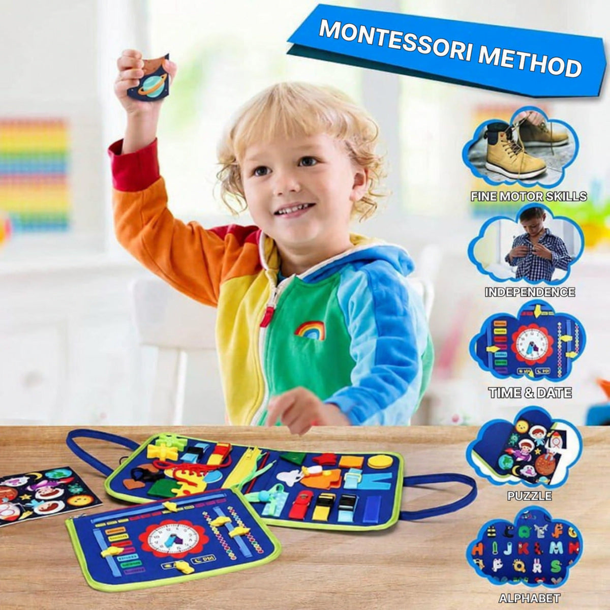 Montessori Busy Board with Multiple Learning Activities