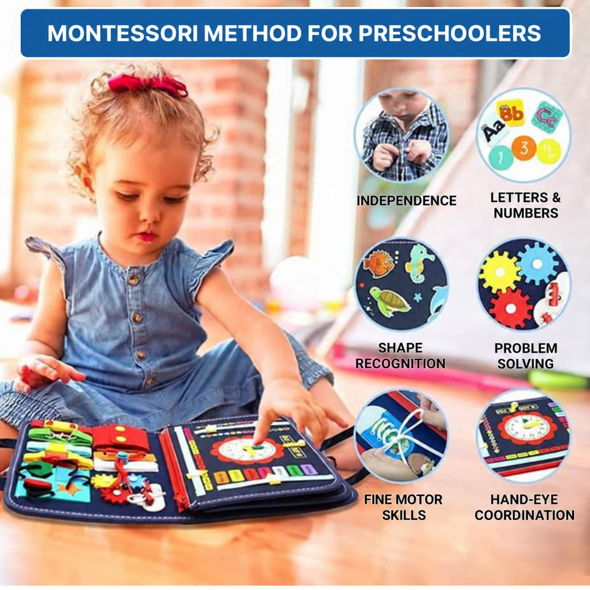 Montessori Busy Board with Multiple Learning Activities