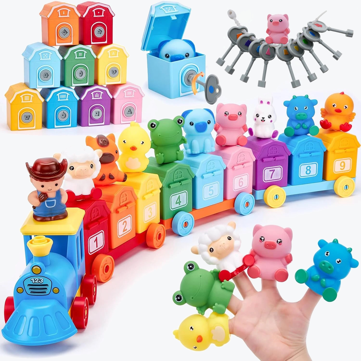 Montessori Farm Train, Lock & Key Toy with 9 Numbered Barns