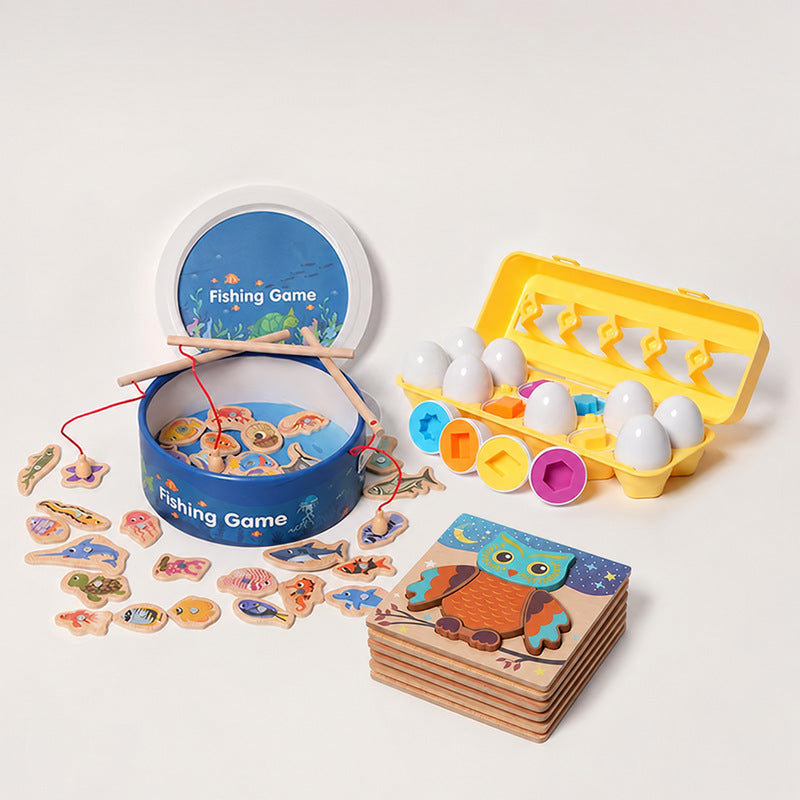 Montessori Toy Bundle with Fishing, Puzzles & Eggs