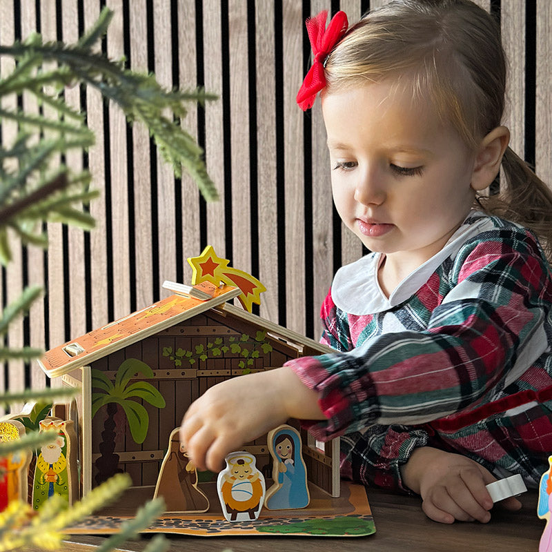 Wooden Nativity Set with 20 Hand-Painted Figures