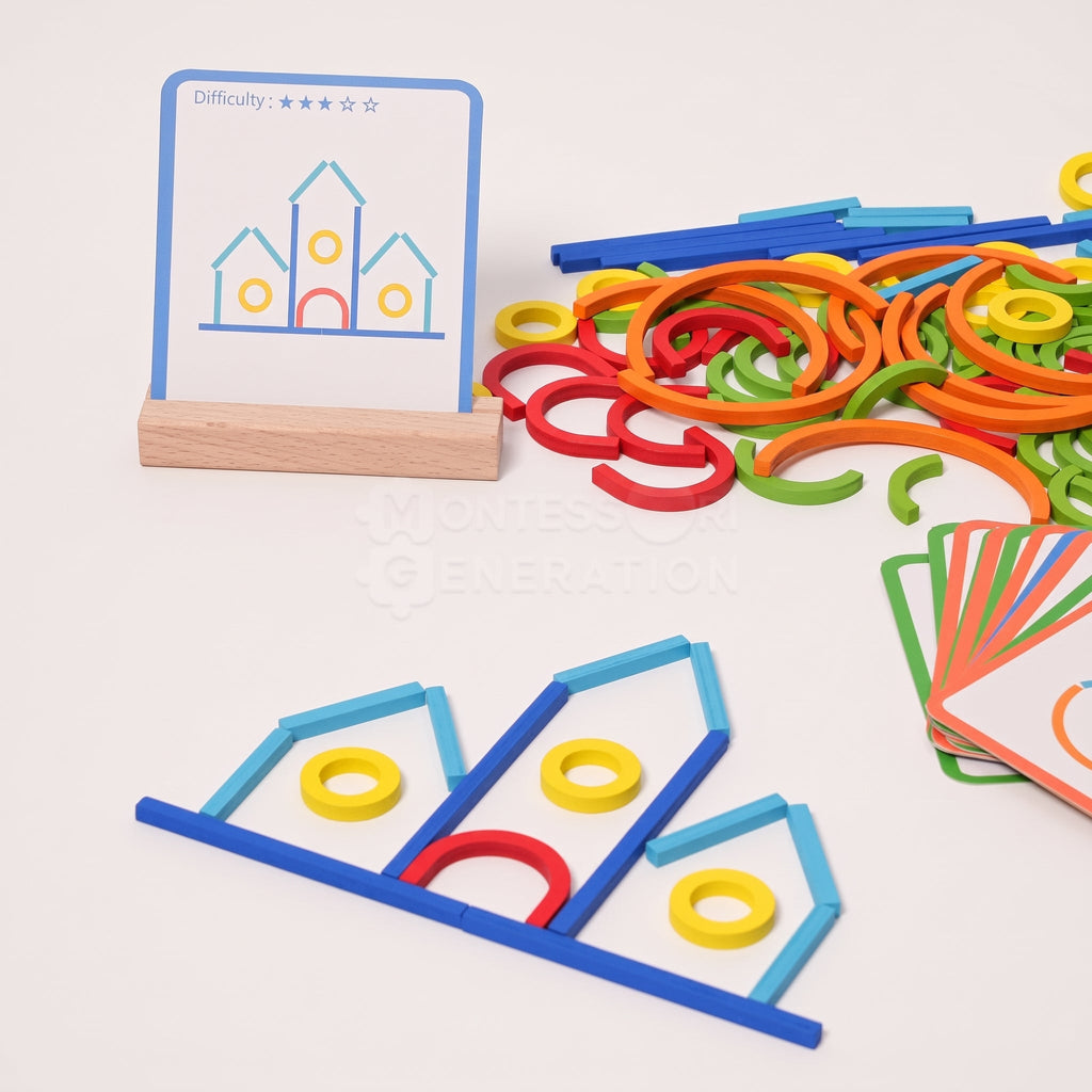 Pattern Building Game with Wooden Sticks and Challenge Cards