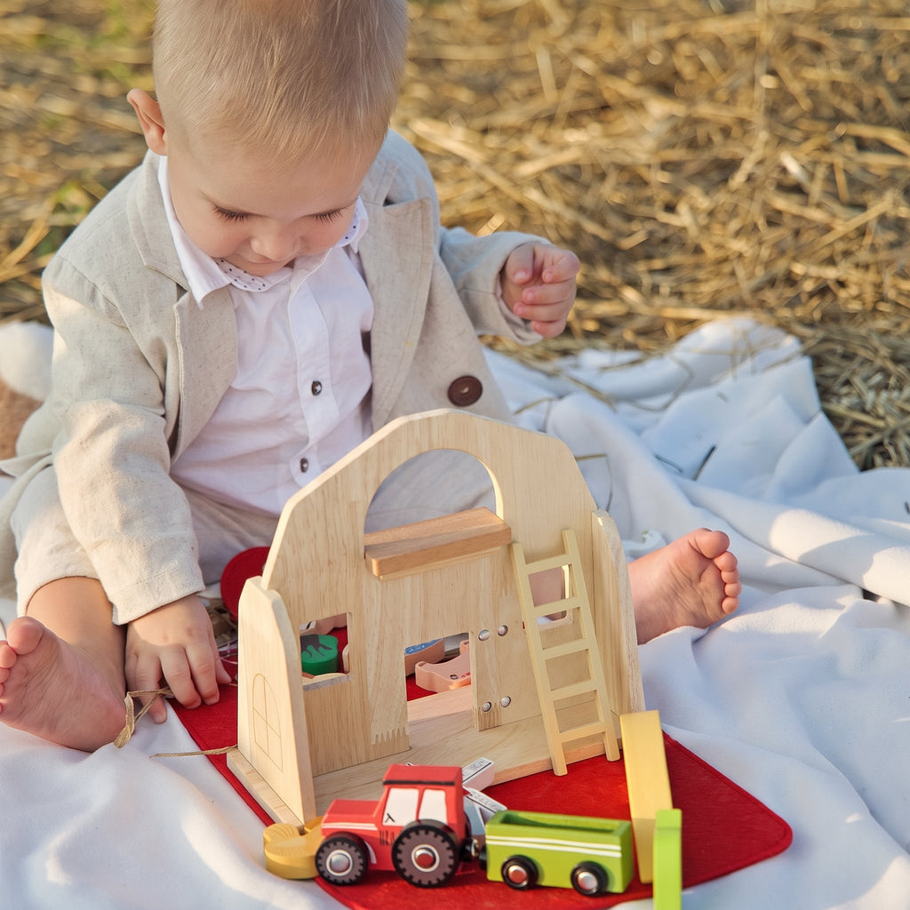 Portable Farm Playset with Wooden Animals and Carry Bag