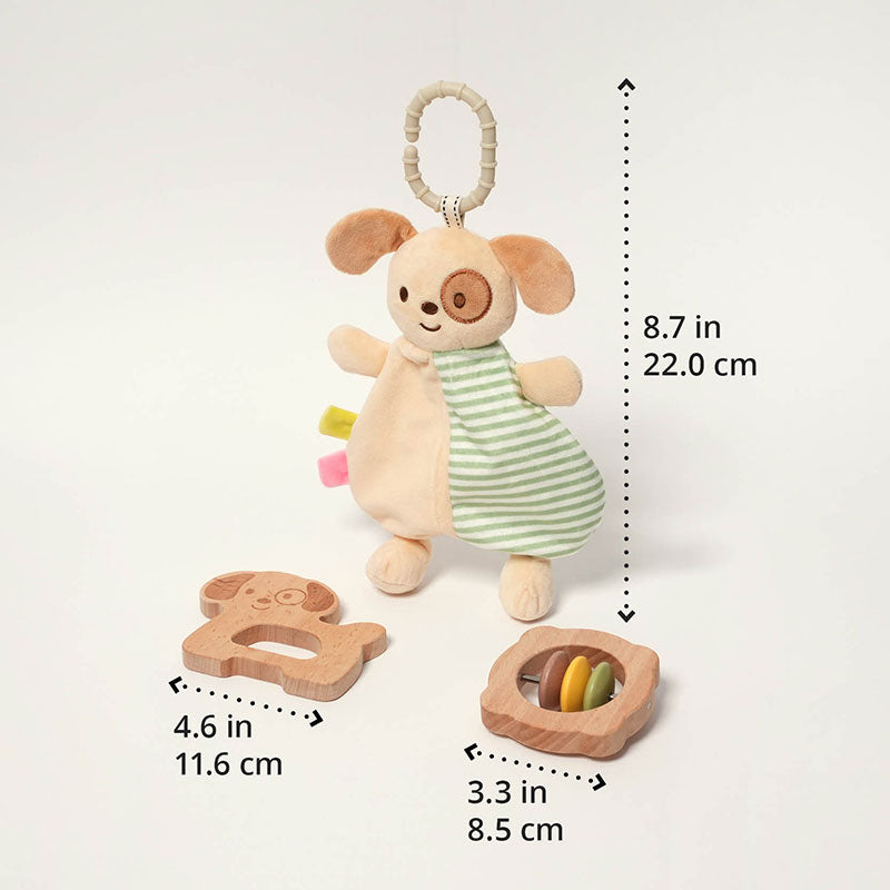 Baby Comfort Toy with Plush Dog, Rattle and Wooden Teether