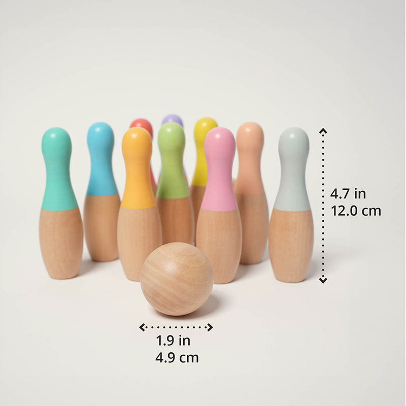 Wooden Bowling Set with 10 Colorful Pins and Carry Bag