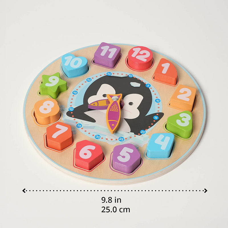 Wooden Clock Puzzle with Penguin and Shapes