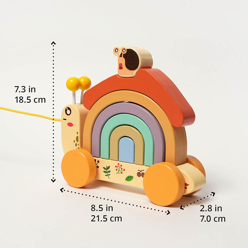 Wooden Pull Toy Snail with Stacking Rainbow Shell