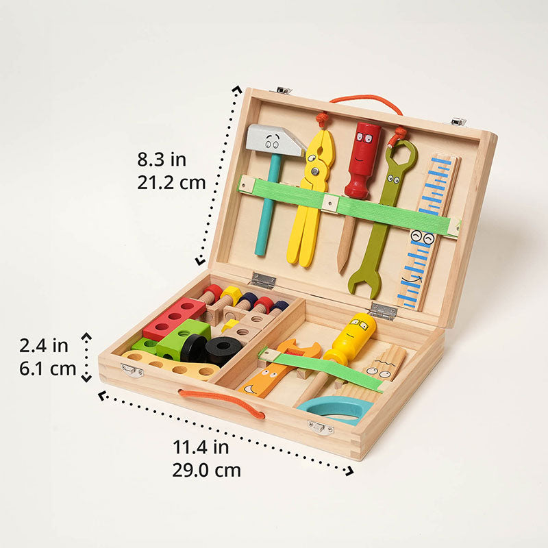 Wooden Toolbox Toy with 35 Colorful Tool and Building Pieces
