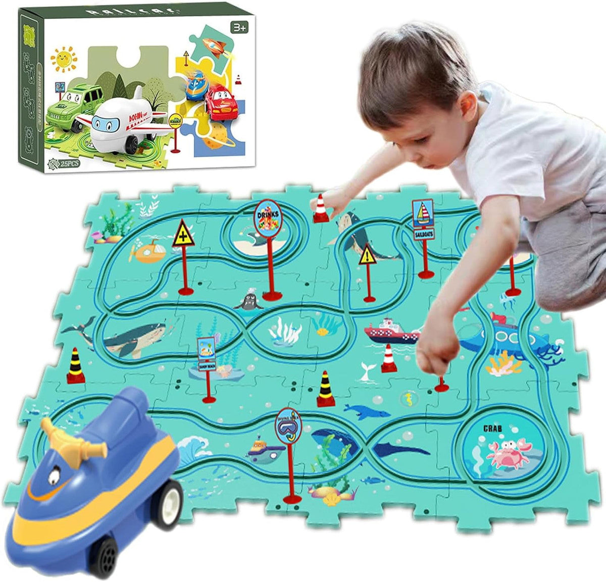 Puzzle Track Car Mat with Modular Road Sections