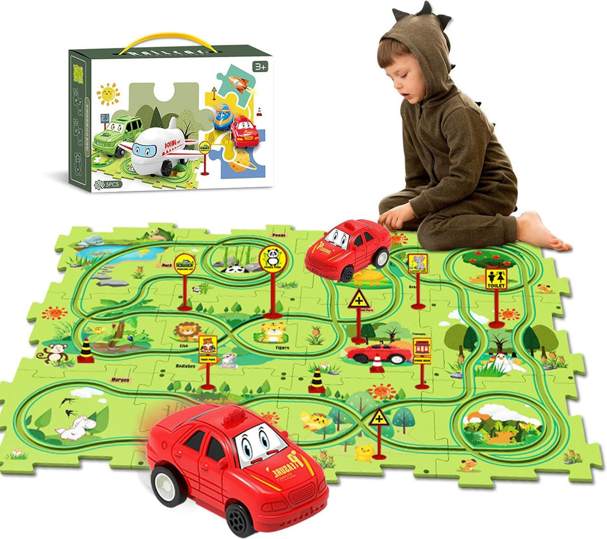 Puzzle Track Car Mat with Modular Road Sections