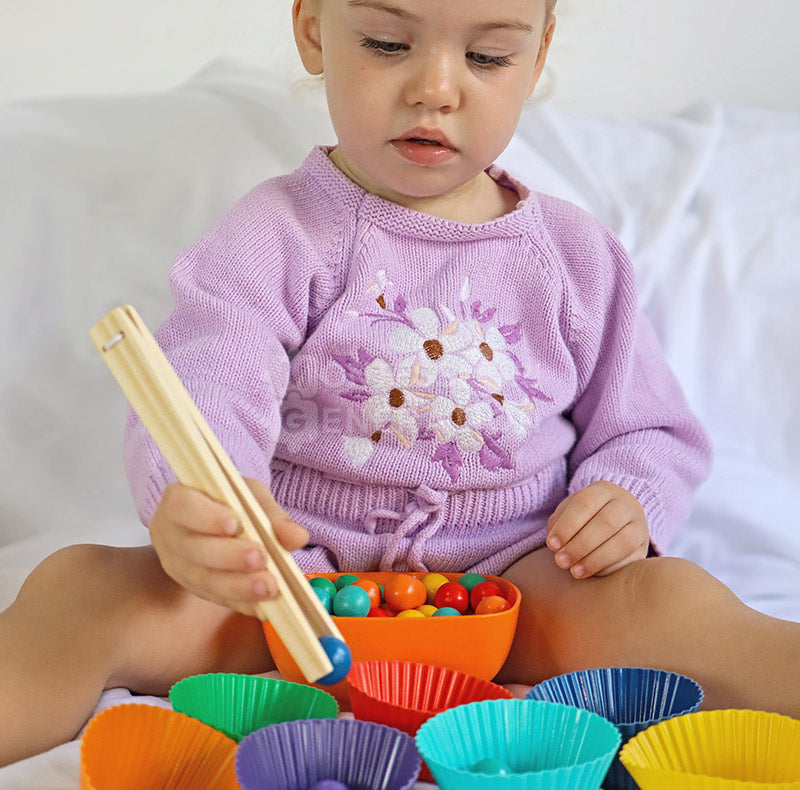 Rainbow Sorting Toy with Wooden Beads and Tweezers