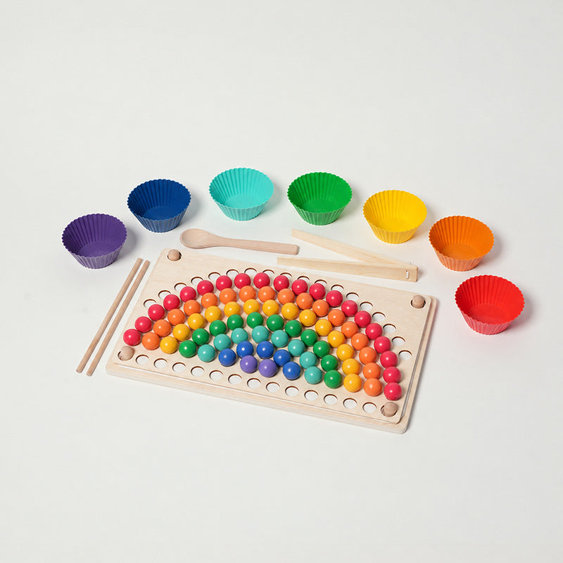 Rainbow Sorting Toy with Wooden Beads and Tweezers