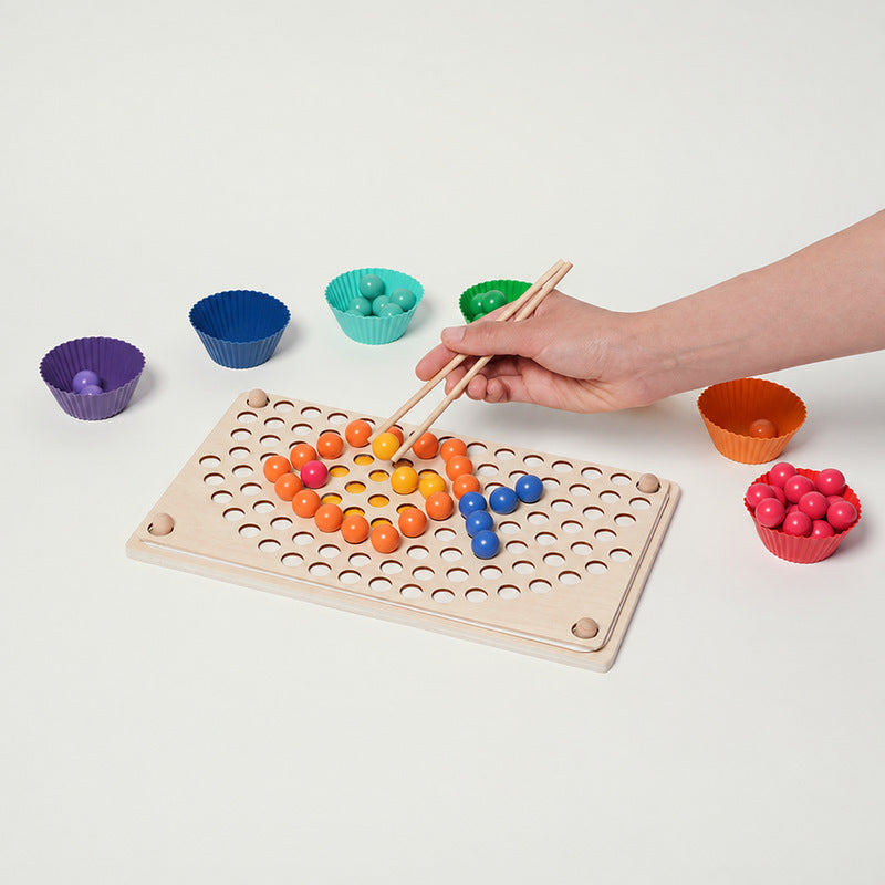 Rainbow Sorting Toy with Wooden Beads and Tweezers