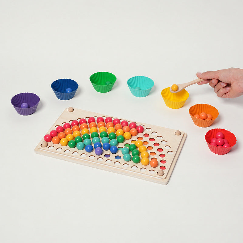 Rainbow Sorting Toy with Wooden Beads and Tweezers