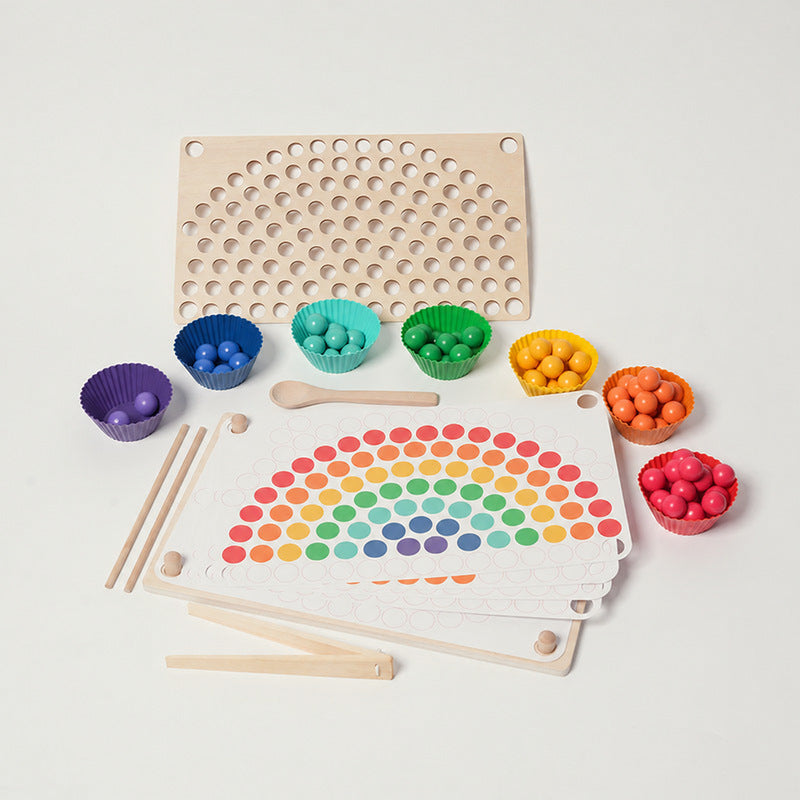 Rainbow Sorting Toy with Wooden Beads and Tweezers