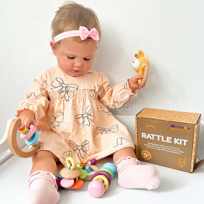 Wooden Baby Rattles Set with Crochet Giraffe Teether