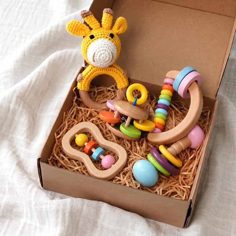 Wooden Baby Rattles Set with Crochet Giraffe Teether