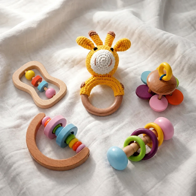 Wooden Baby Rattles Set with Crochet Giraffe Teether