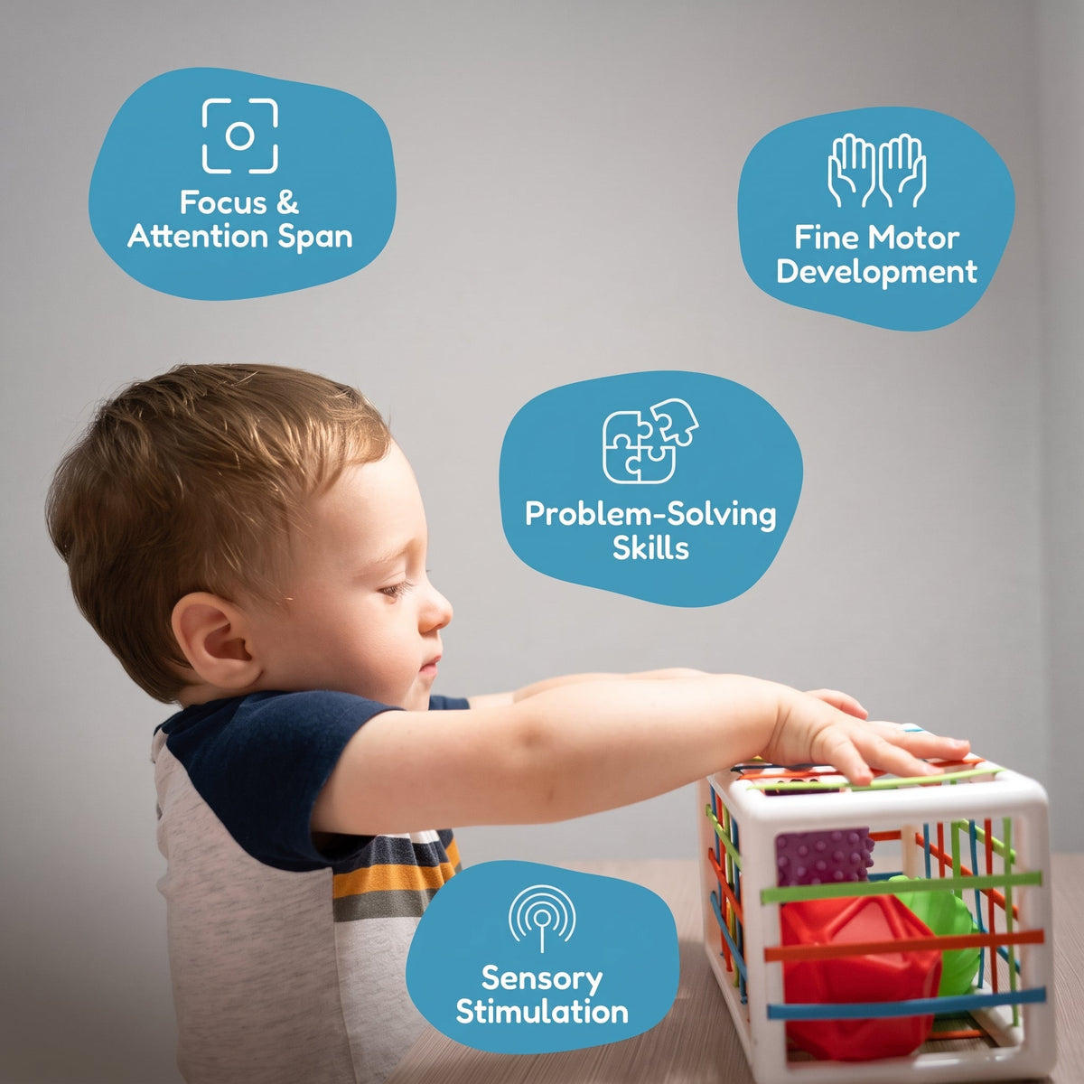 Shape Sorting Toy with 6 Textured Blocks and Elastic Strings