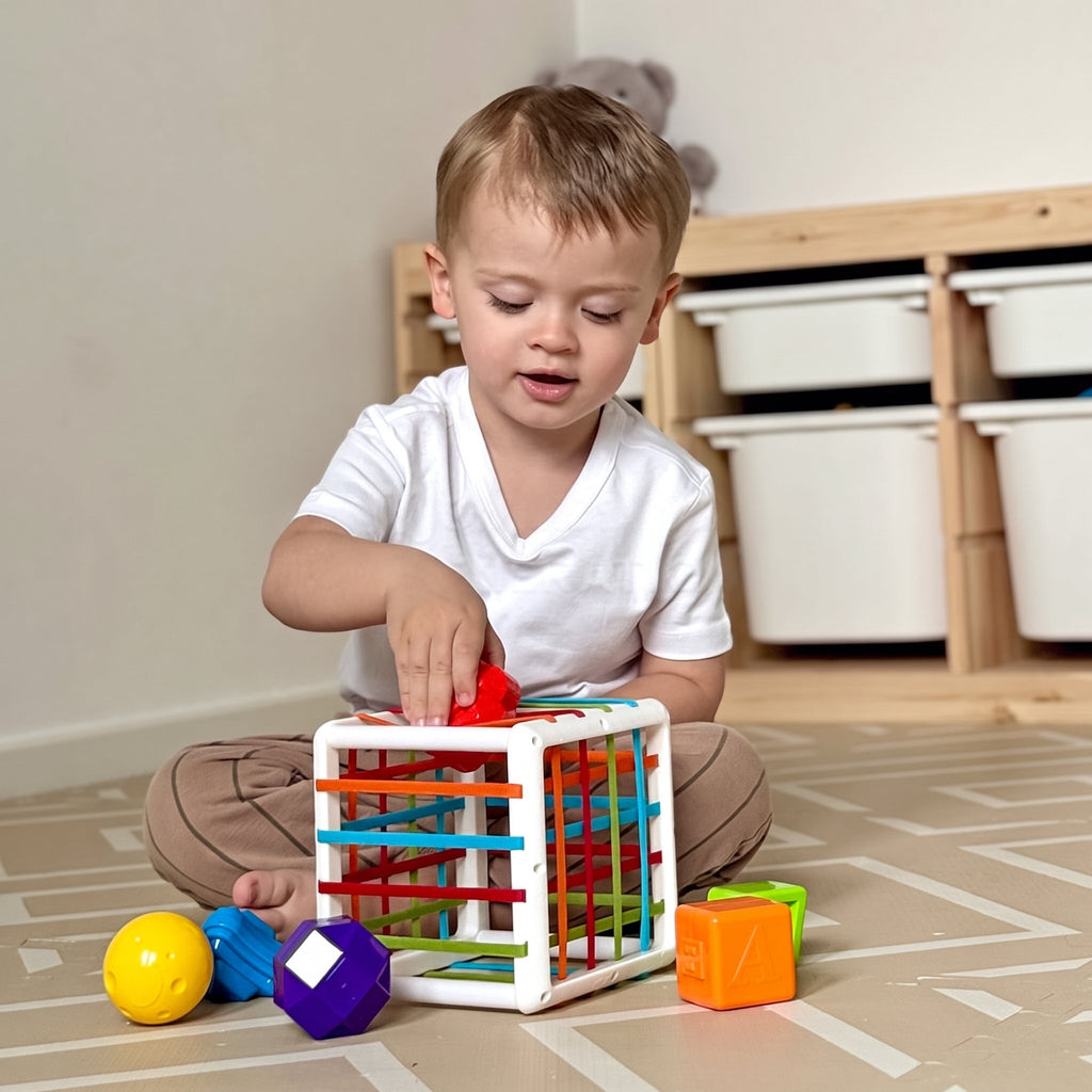 Shape Sorting Toy with 6 Textured Blocks and Elastic Strings