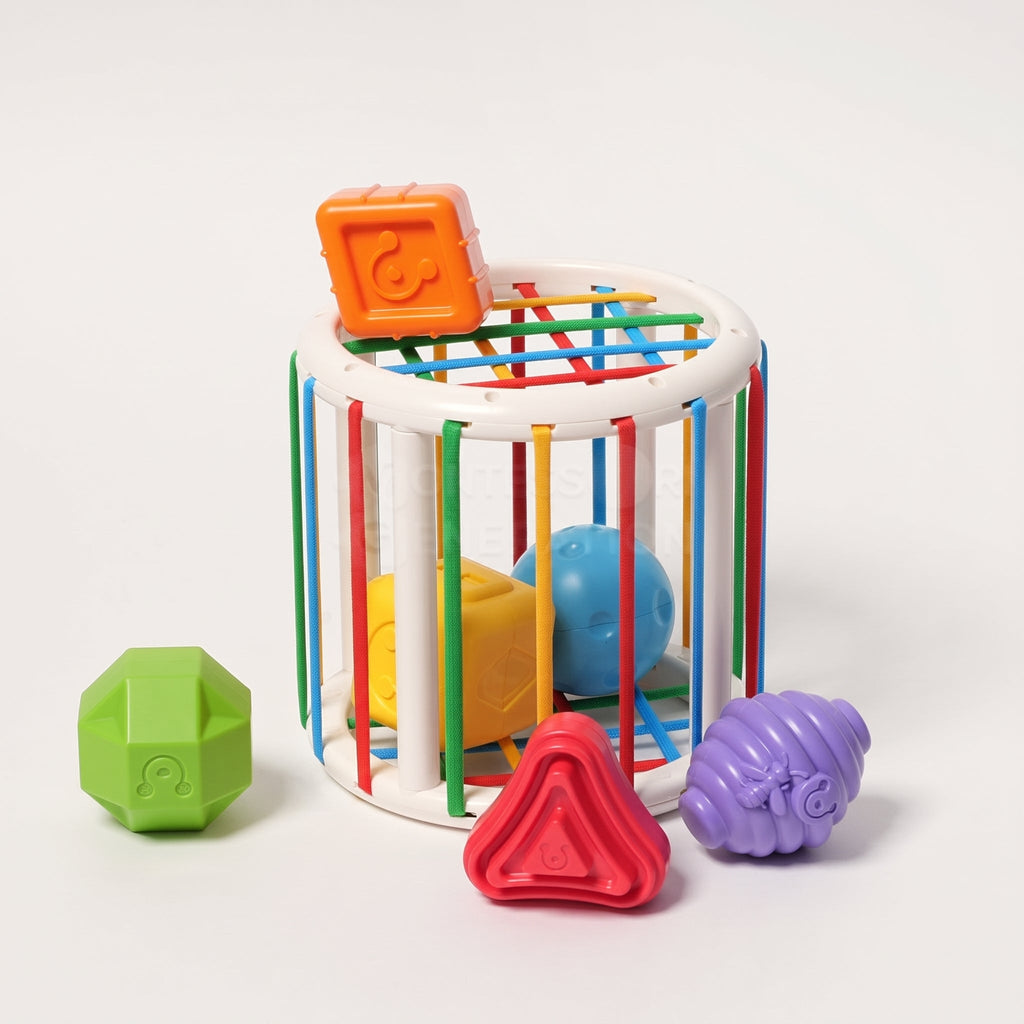 Shape Sorting Toy with 6 Textured Blocks and Elastic Strings