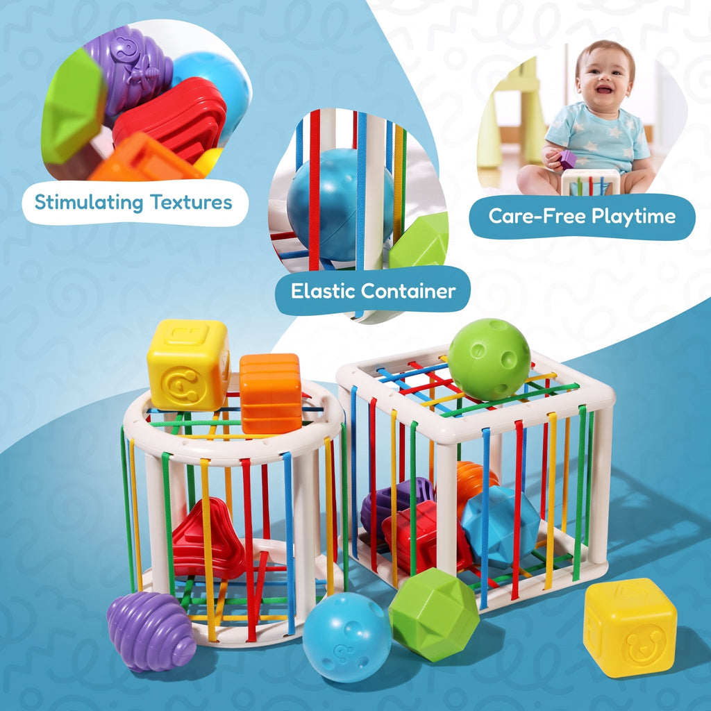 Shape Sorting Toy with 6 Textured Blocks and Elastic Strings