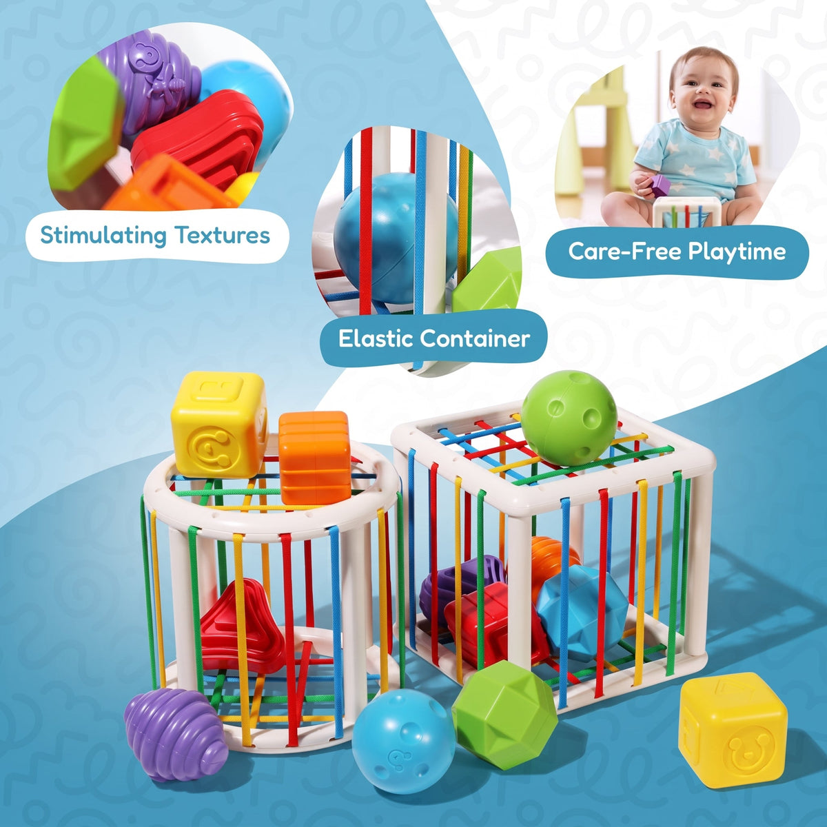 Shape Sorting Toy with 6 Textured Blocks and Elastic Strings