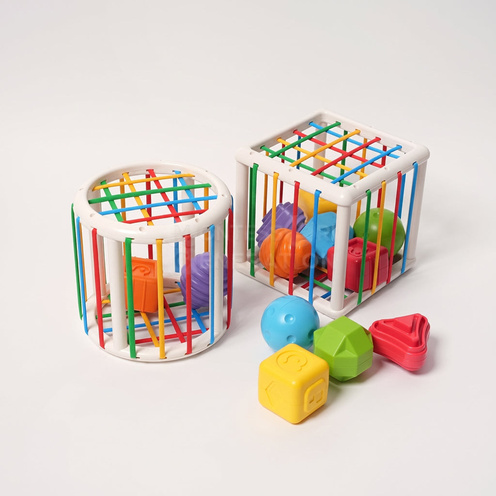 Shape Sorting Toy with 6 Textured Blocks and Elastic Strings