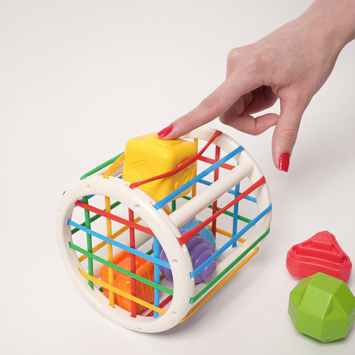 Shape Sorting Toy with 6 Textured Blocks and Elastic Strings