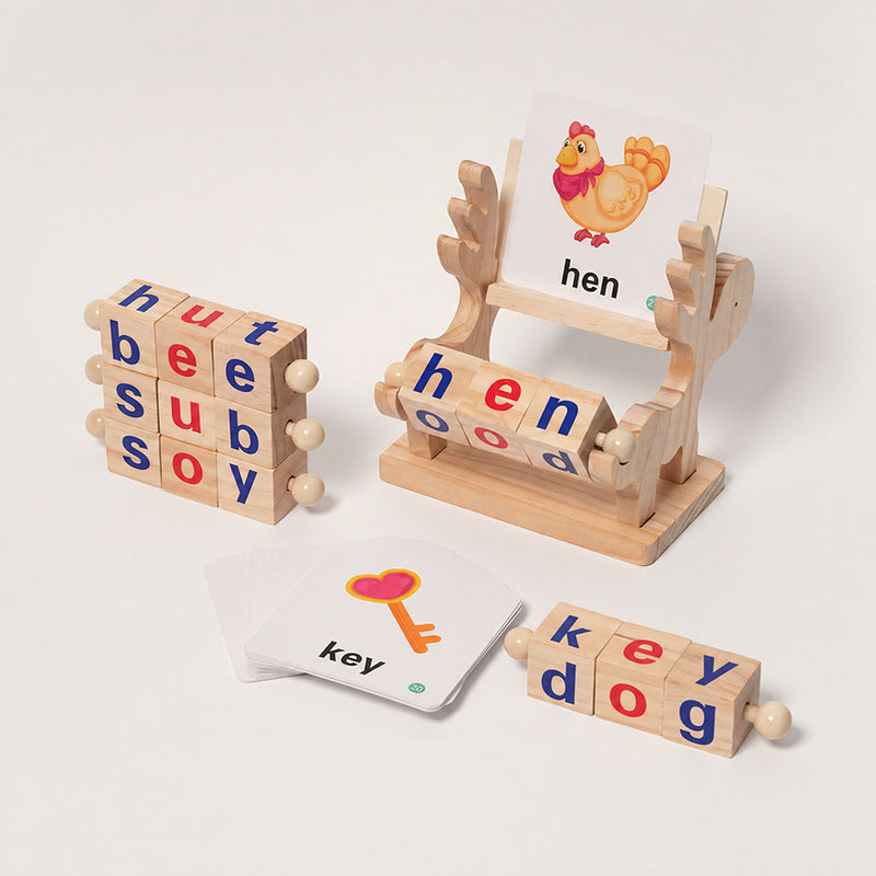 Spelling Learning Toy with Rotating Wooden Blocks and Cards