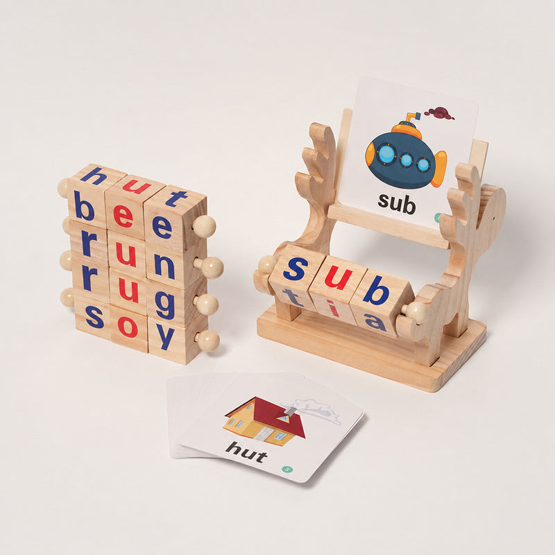 Spelling Learning Toy with Rotating Wooden Blocks and Cards