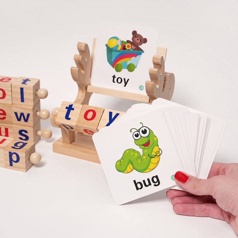 Spelling Learning Toy with Rotating Wooden Blocks and Cards