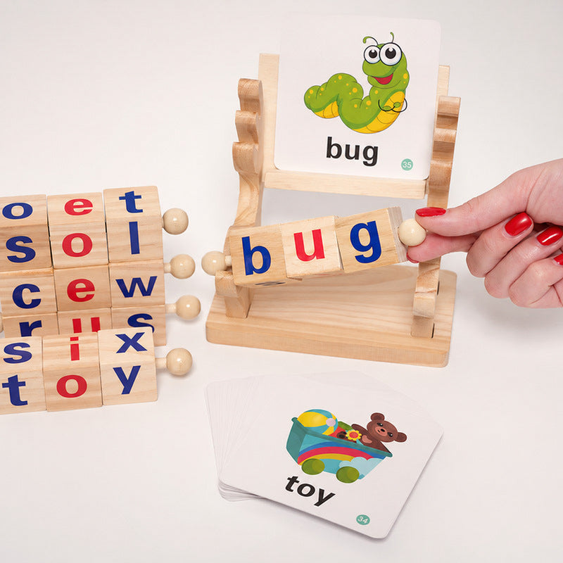 Spelling Learning Toy with Rotating Wooden Blocks and Cards