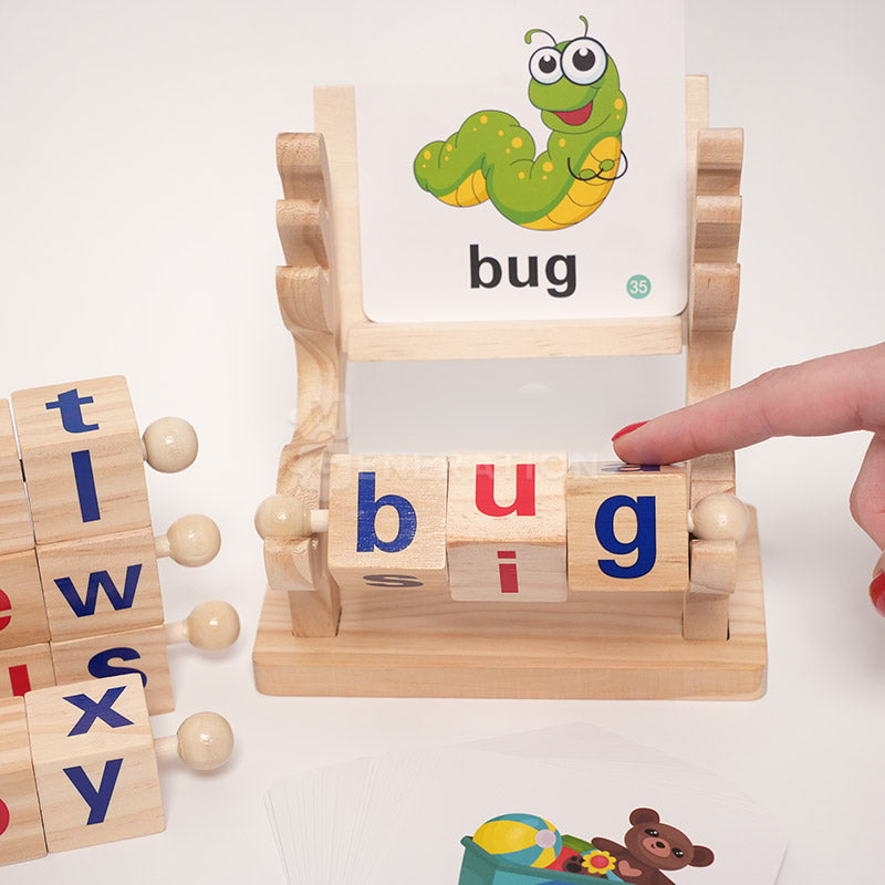 Spelling Learning Toy with Rotating Wooden Blocks and Cards