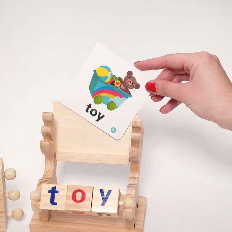 Spelling Learning Toy with Rotating Wooden Blocks and Cards